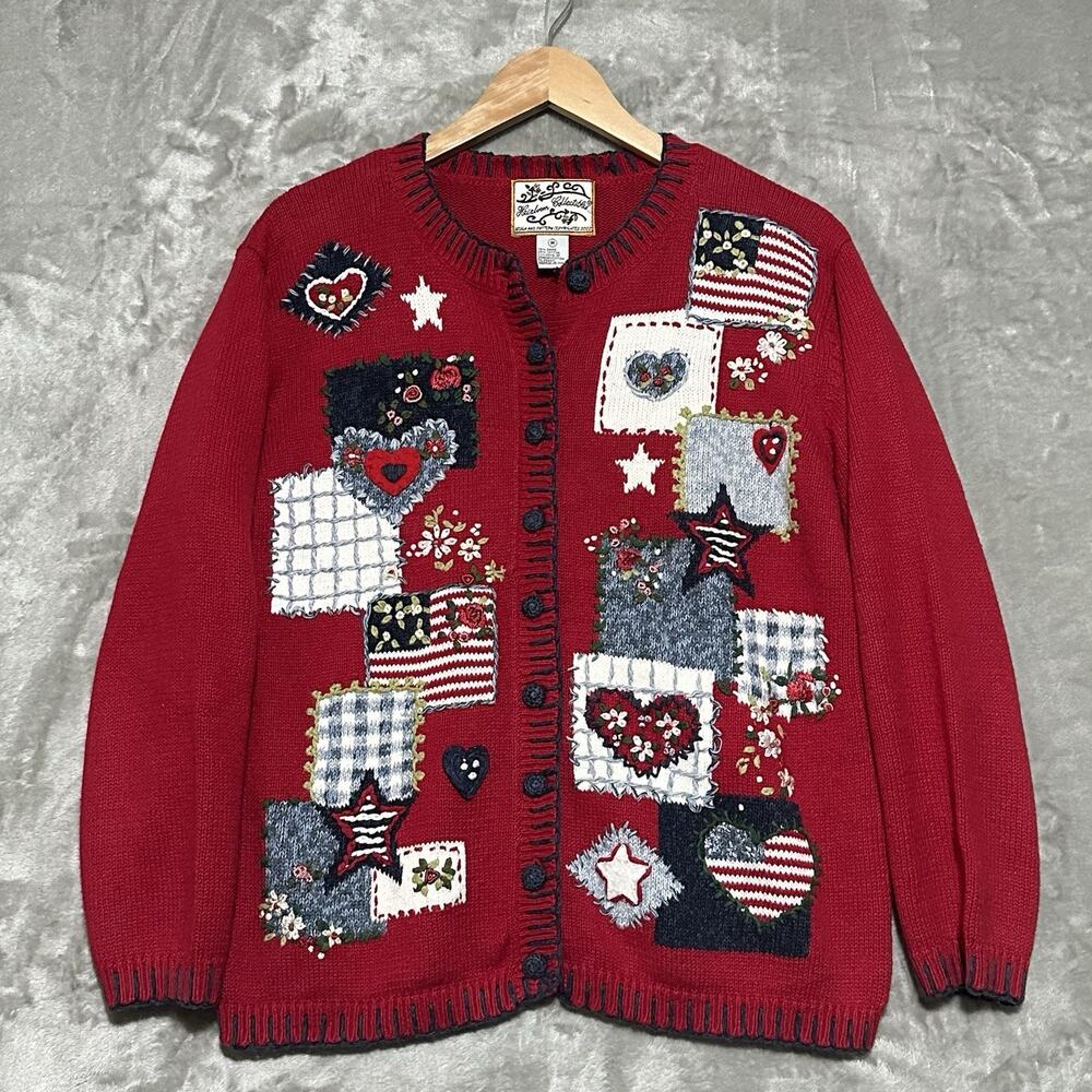 Vtg Y2k Heirloom Collectibles Fourth Of July USA Cardigan Sweater Womens M Red